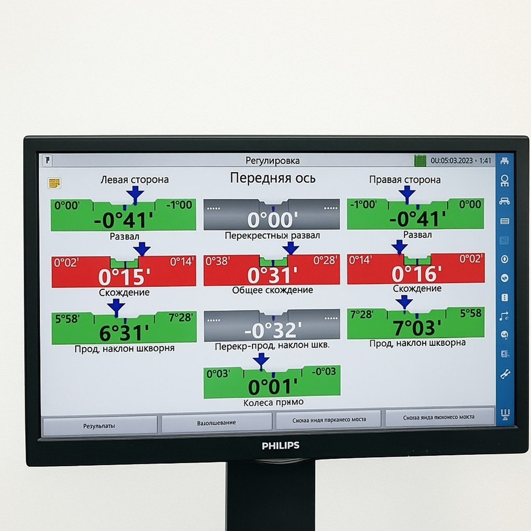 Измерение результатов регулировки углов установки колес